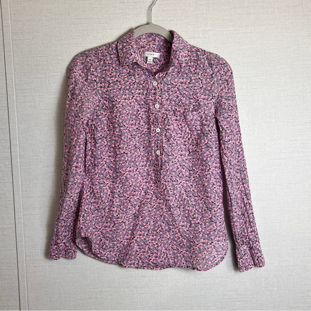 J. Crew‎ Pink Floral Long Sleeve Silk Blend Button Up Blouse Lightweight Size 00